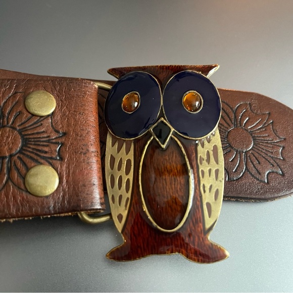HOLLISTER VTG Tanned-Brown Leather OWL Buckle Belt Medium 40” - Picture 5 of 10
